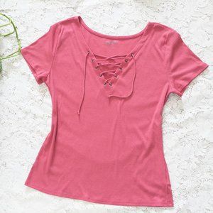 Arizona Jean Co. Lace Up Ribbed Pink Tie Top Edgy